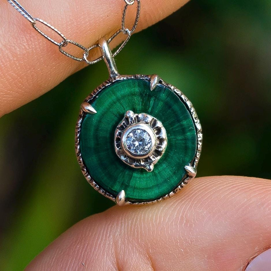 Raw Malachite + Zircon Pendant