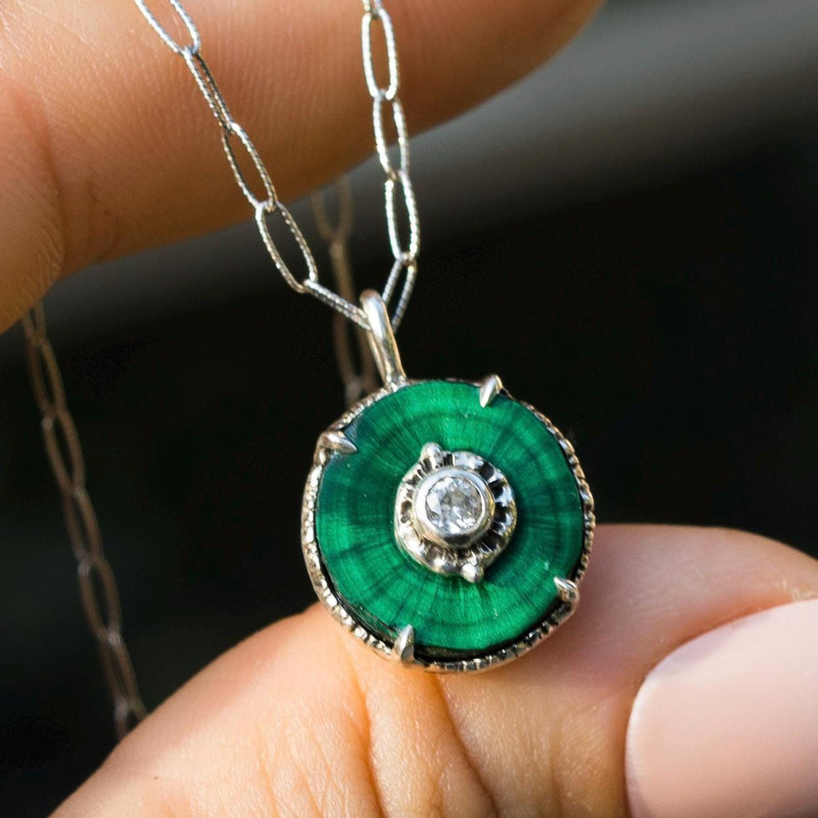 Raw Malachite + Zircon Pendant