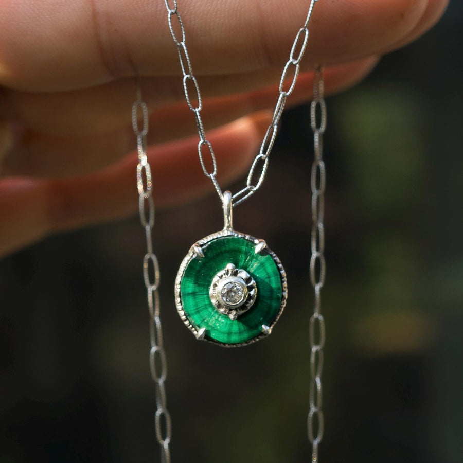 Raw Malachite + Zircon Pendant