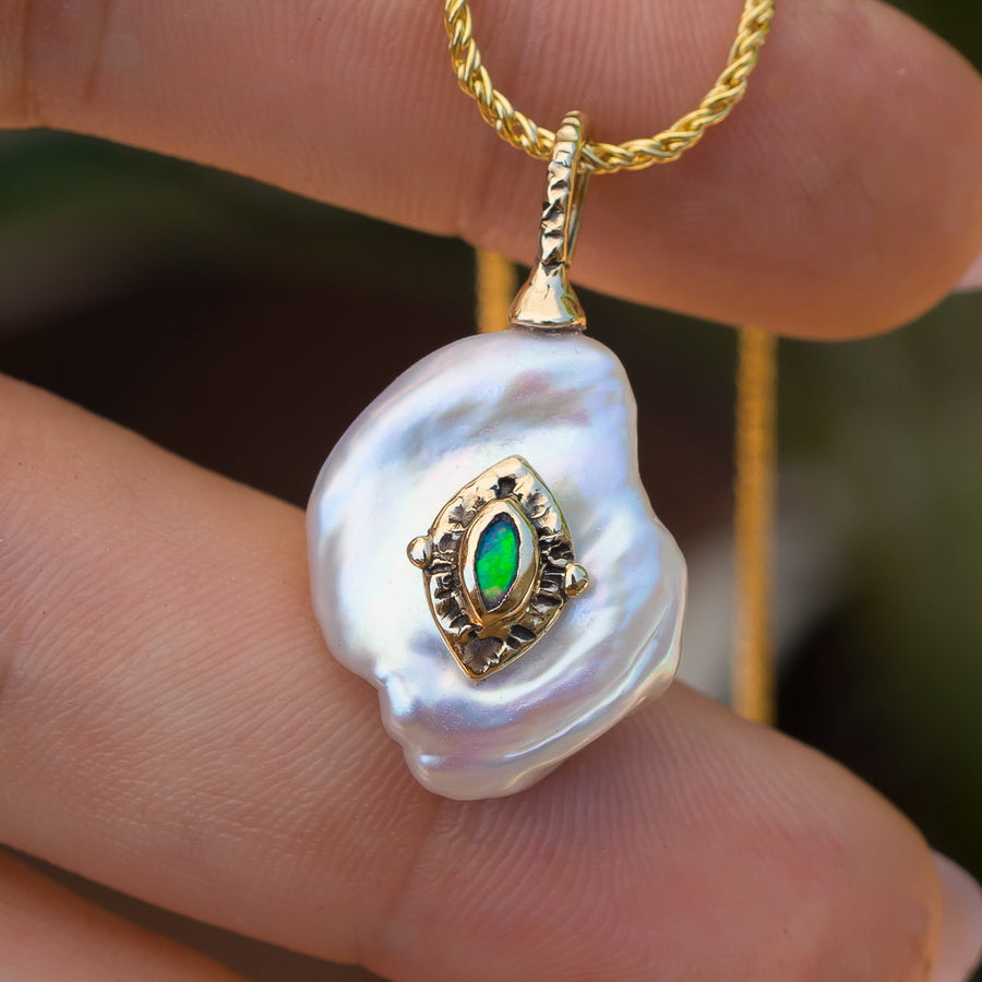 14k Gold Baroque Pearl & Australian Opal Pendant