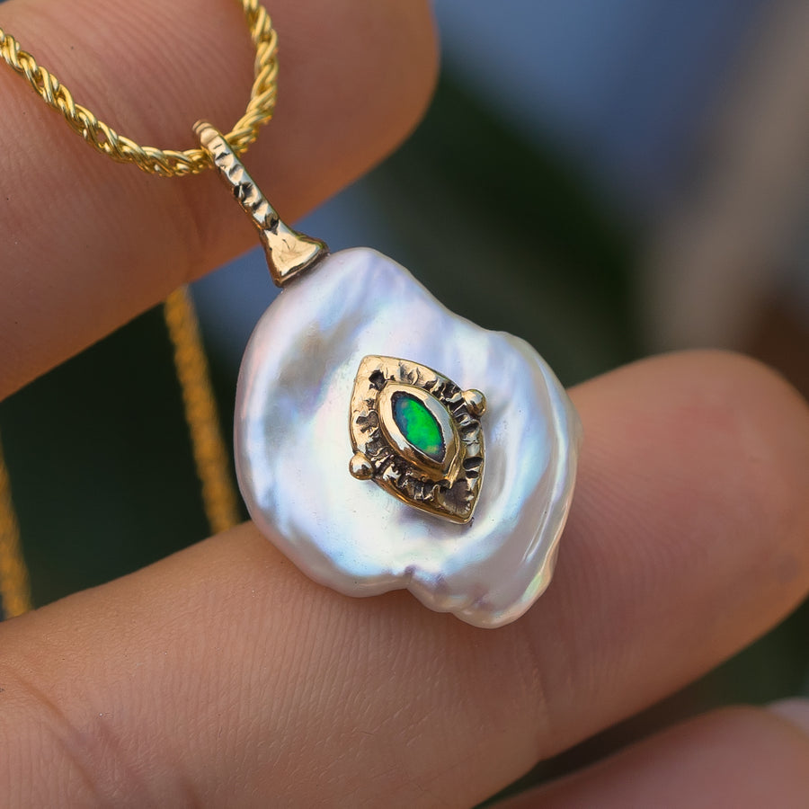 14k Gold Baroque Pearl & Australian Opal Pendant