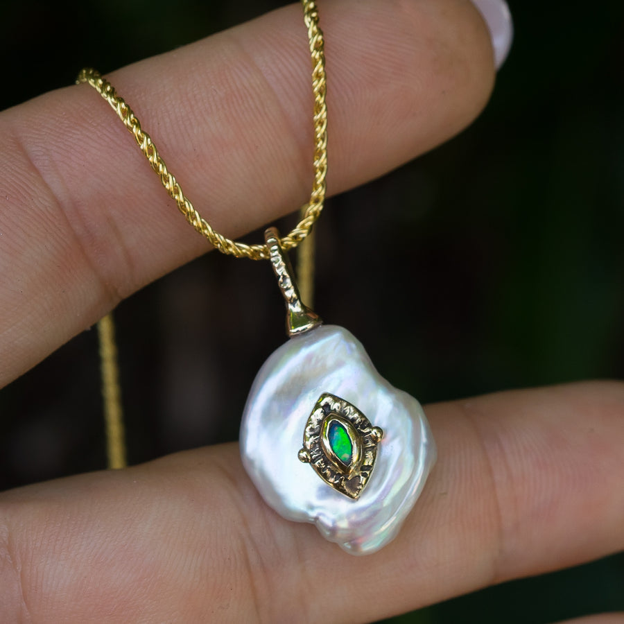 14k Gold Baroque Pearl & Australian Opal Pendant