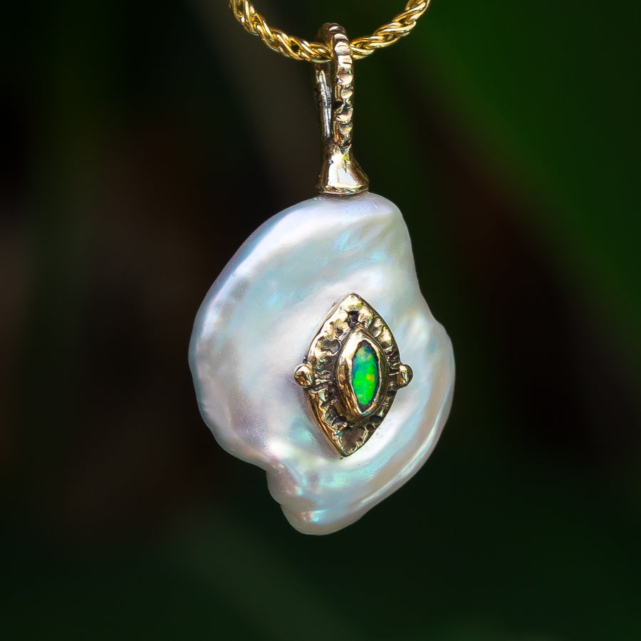 14k Gold Baroque Pearl & Australian Opal Pendant