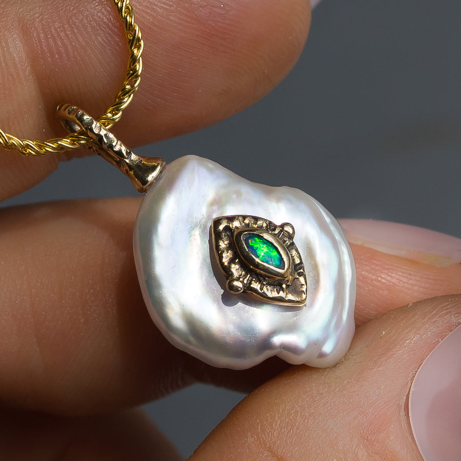 14k Gold Baroque Pearl & Australian Opal Pendant