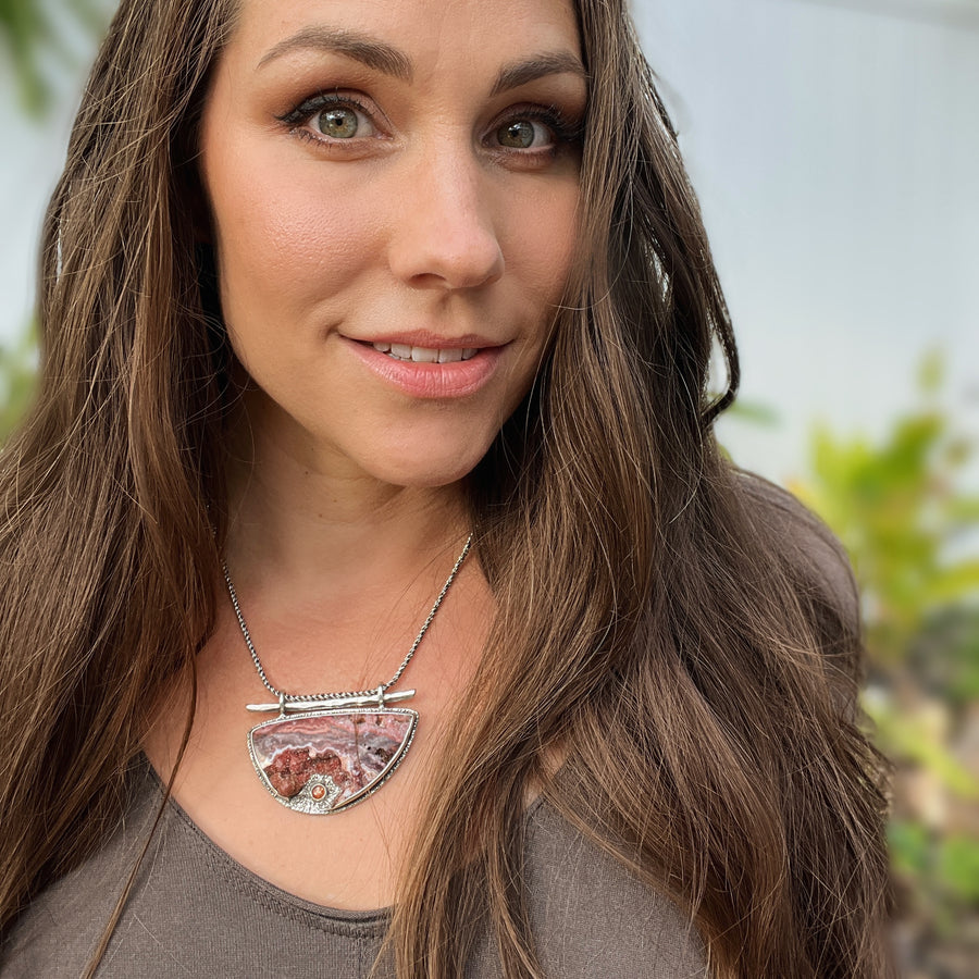 Red Ocean Jasper Druzy & Sunstone Pendant