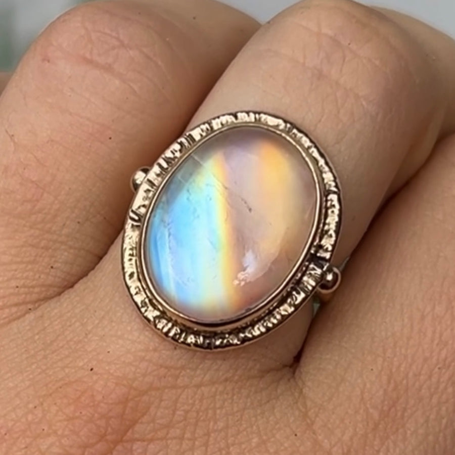 14k Gold Rainbow Moonstone Ring- Sz 7.75