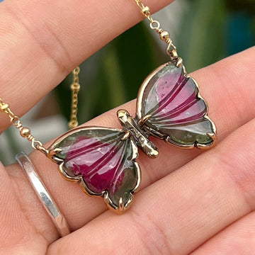 carved watermelon tourmaline butterfly necklace