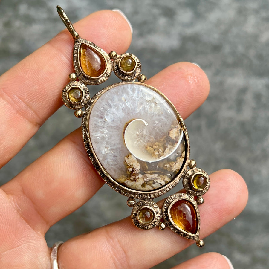 PRE-ORDER FOR ALLY- Crystalized Shell Fossil & Tourmaline Pendant