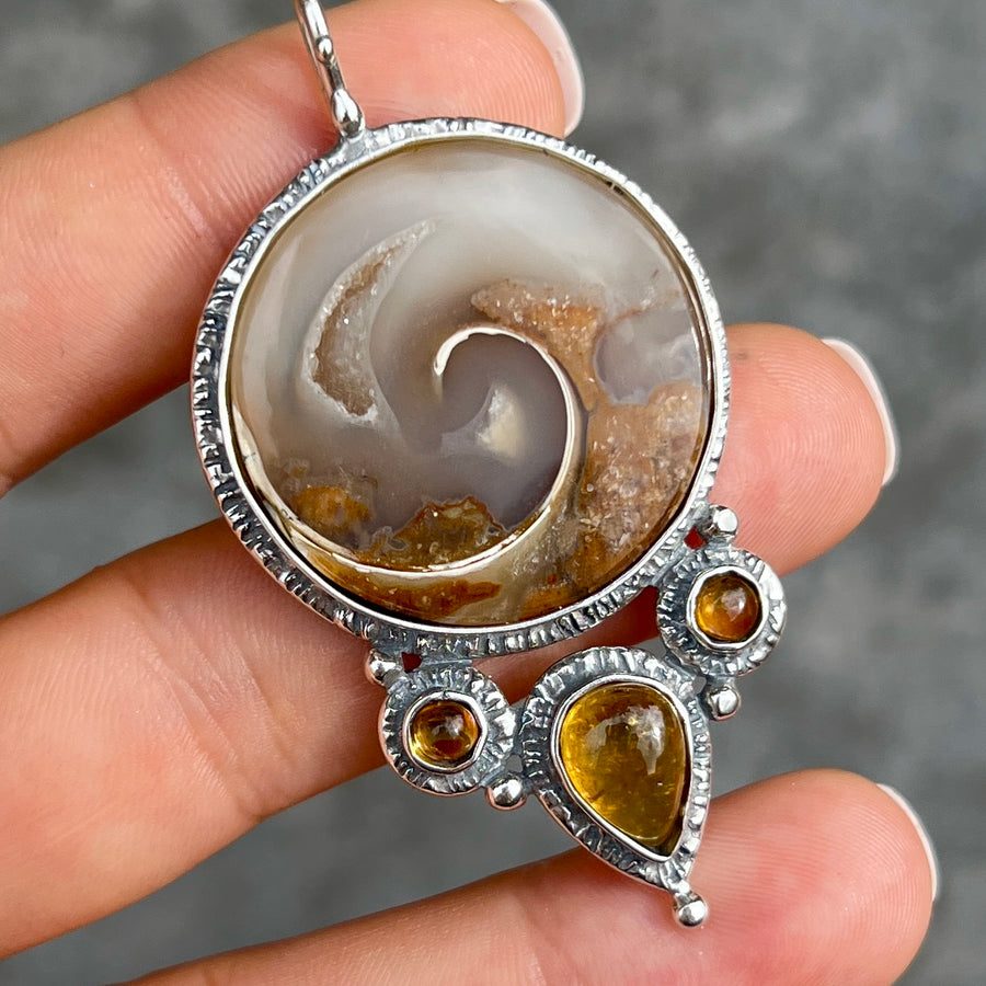 PRE-ORDER FOR PATRI- Crystalized Shell Fossil & Tourmaline Pendant