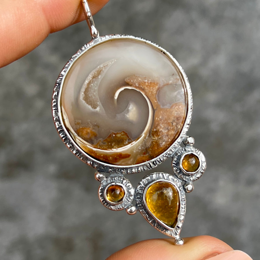 PRE-ORDER FOR PATRI- Crystalized Shell Fossil & Tourmaline Pendant