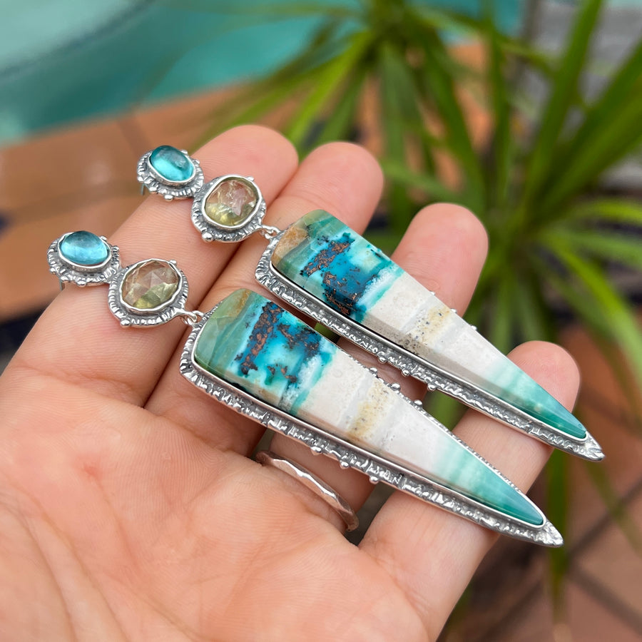 PRE-ORDER FOR SHEILA- Opalized Wood, Heliodor & Apatite Earrings
