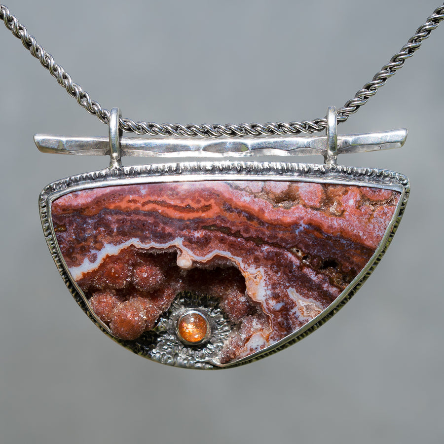 Red Ocean Jasper Druzy & Sunstone Pendant