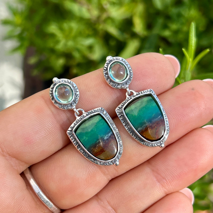 AVAILABLE PRE-ORDER- Opalized Wood & Apatite Earrings