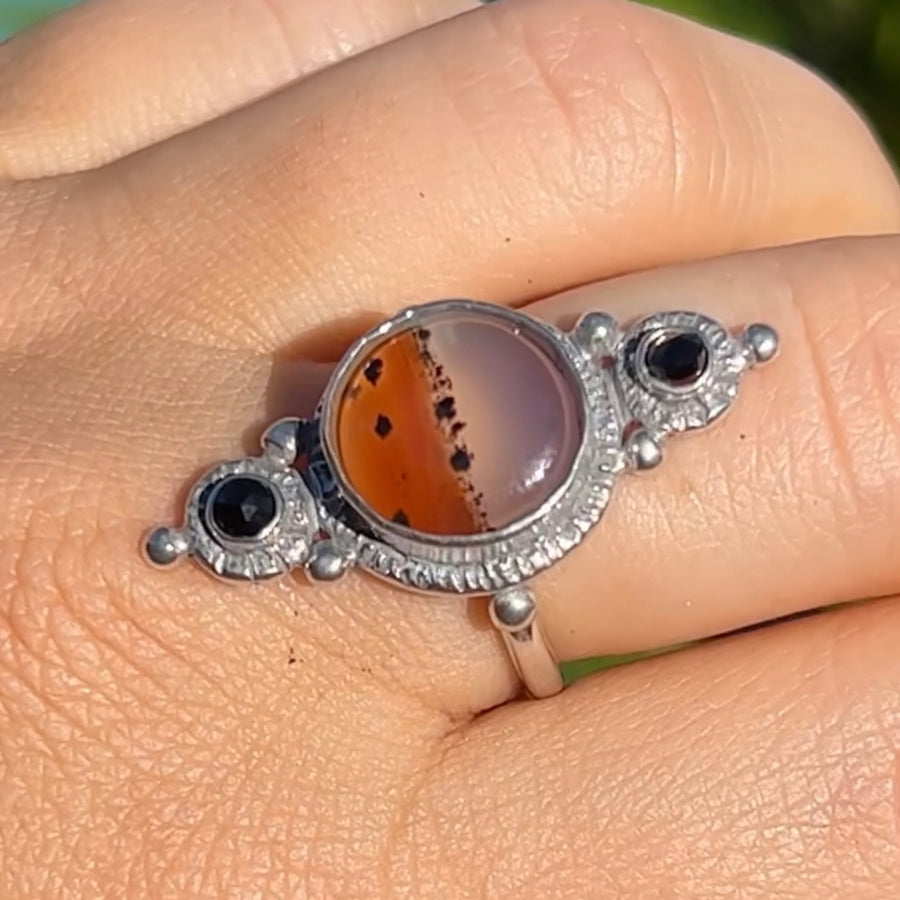 PRE-ORDER FOR STORME- Montana Agate & Onyx Ring- Sz 8